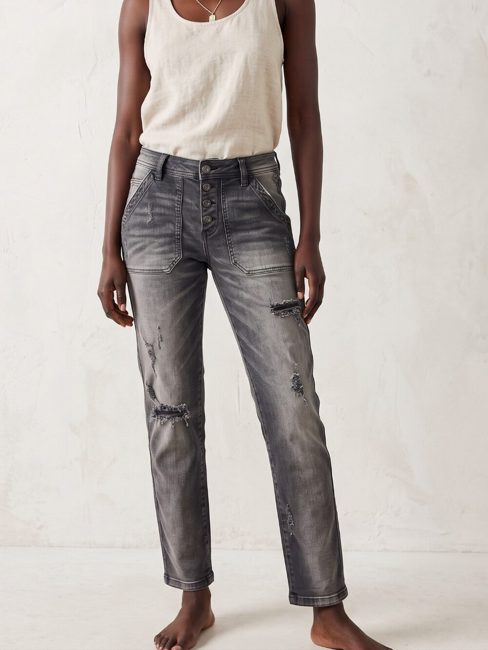 Free People Distressed High Rise Gray Straight Leg Jeans 4